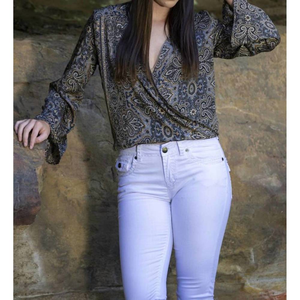 NEW CIENNA astrid wrap top in blue, grey, golden honey print